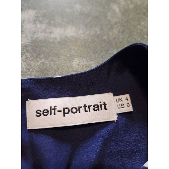 SELF-PORTRAIT Navy Blue Zip Front Ruffle Star Print Long Sleeve Mini Dress sz 0 - Picture 4 of 7